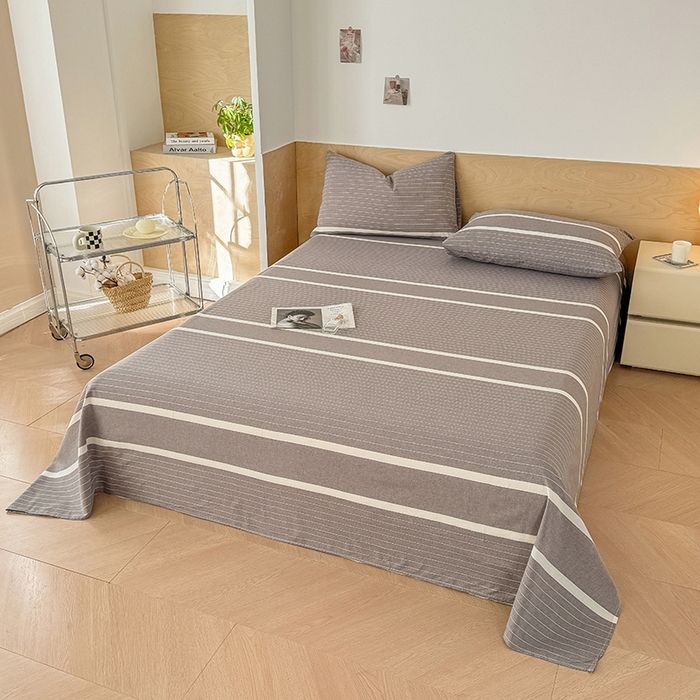 91家纺网 家纺一手货源 找家纺 晓时候 2025新款100%全棉色织水洗棉床单全棉床单纯棉床单 灰细条