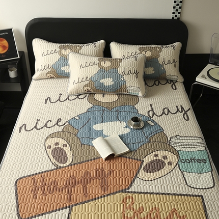 圣比熊 2025新款大版印花纯色0.5乳胶凉席床笠款床裙款凉席三件套 床笠款-咖啡熊