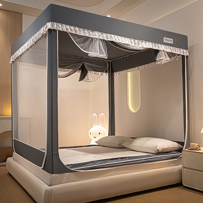 91家纺网 家纺一手货源 找家纺 锦逸家居 2025新款坐床式防摔遮光蚊帐 时尚英伦-不遮光