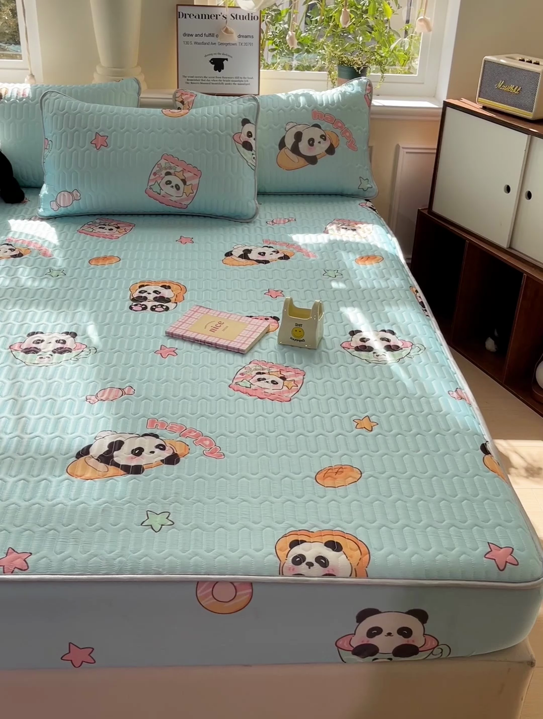 91家纺网 家纺一手货源 找家纺 富馨莱 2025新款A类凉感丝空气纤维凉席床笠款 熊猫宝宝