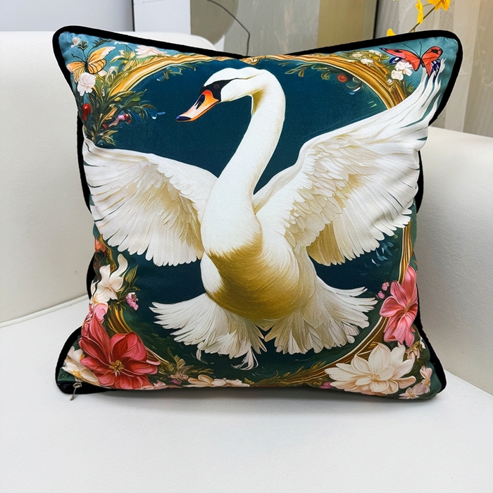 91家纺网 家纺一手货源 找家纺 爱家居 2025新款抱枕沙发新中式靠垫轻奢高级感靠枕床头大靠背正方形抱枕套卡通花卉 展翅的白天鹅