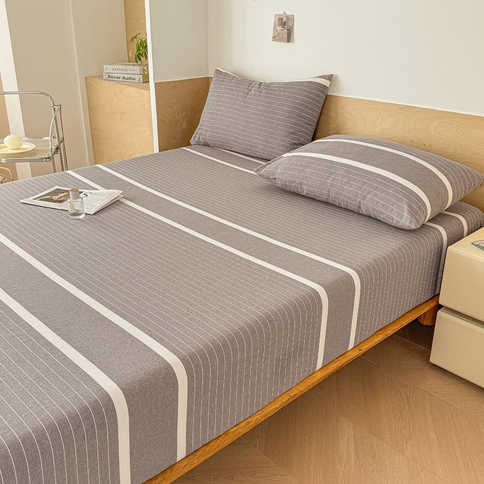 91家纺网 家纺一手货源 找家纺 晓时候 2025新款100%全棉色织水洗棉床笠全棉床笠纯棉床笠 灰细条