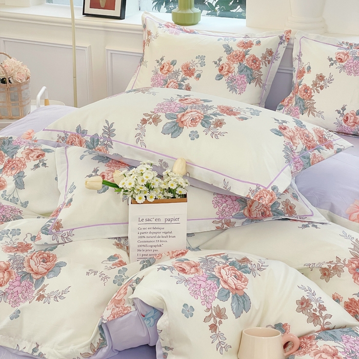 91家纺网 家纺一手货源 找家纺 铭博家纺 新款直播爆款网红全棉四件套13070印花吊边一字绣纯棉被套工艺款 安娜花园