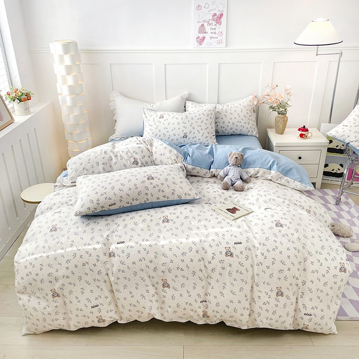 91家纺网 家纺一手货源 找家纺 汣沐生活 2025新款针织棉印花款四件套 小熊山茶