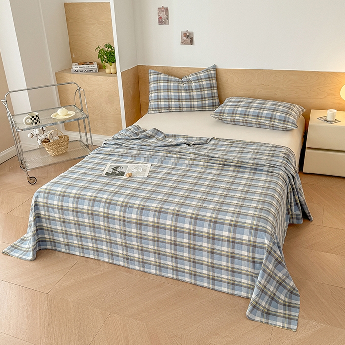 91家纺网 家纺一手货源 找家纺 晓时候 2025新款100%全棉色织水洗棉床单全棉床单纯棉床单 简兮蓝