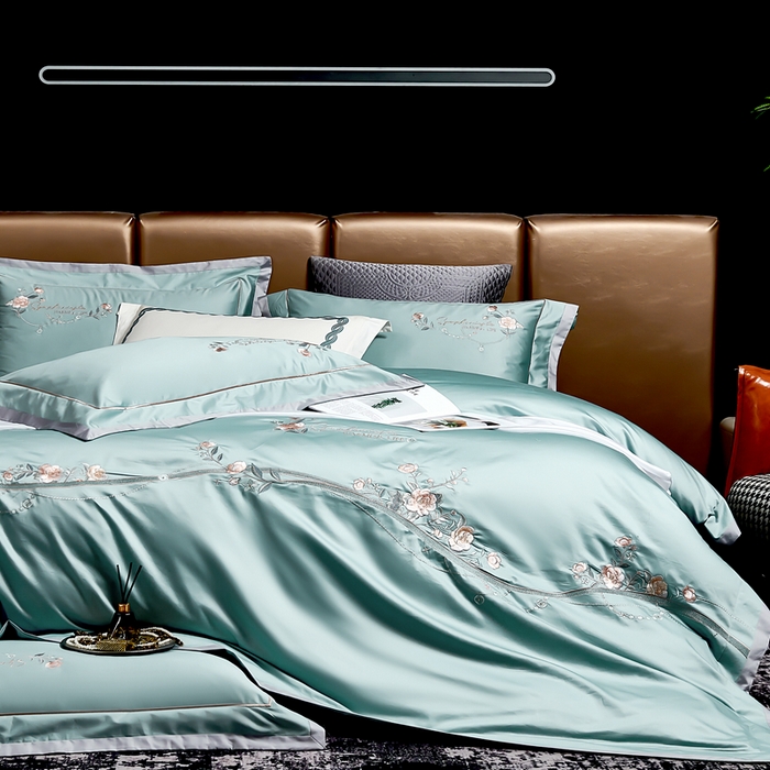 91家纺网 家纺一手货源 找家纺 U品汇 2025新品120支60s双股贡缎长绒棉重工刺绣花纯棉全棉四件套 蔷薇恋人-晴空兰