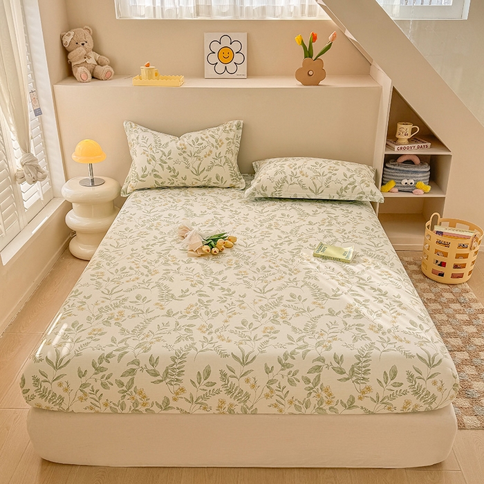 91家纺网 家纺一手货源 找家纺 2025新款12868全棉套件单品系列二单床笠 叶伴花开