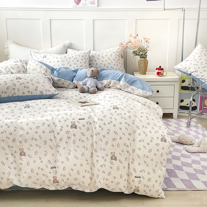 91家纺网 家纺一手货源 找家纺 汣沐生活 2025新款针织棉印花款四件套 小熊山茶