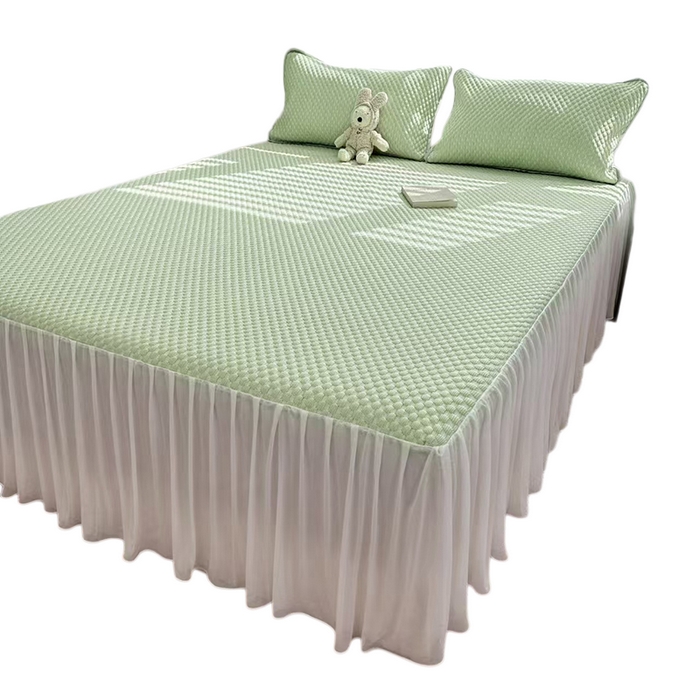 91家纺网 家纺一手货源 找家纺 柏薇 2025新款3D豆豆凉席冰丝席按摩席夏凉席床单床裙款三件套热销款 抹茶绿床裙款