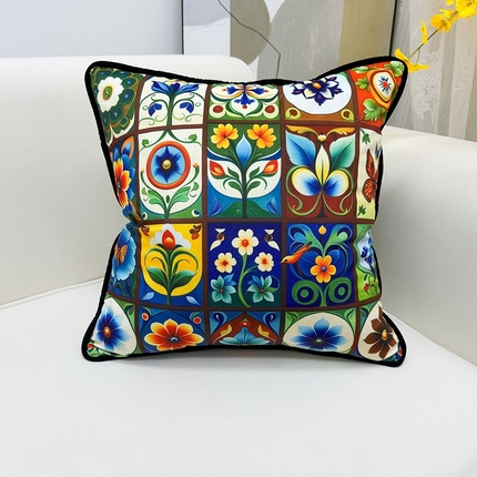爱家居 2025新款抱枕沙发新中式靠垫轻奢高级感靠枕床头大靠背正方形抱枕套卡通花卉 波西米亚