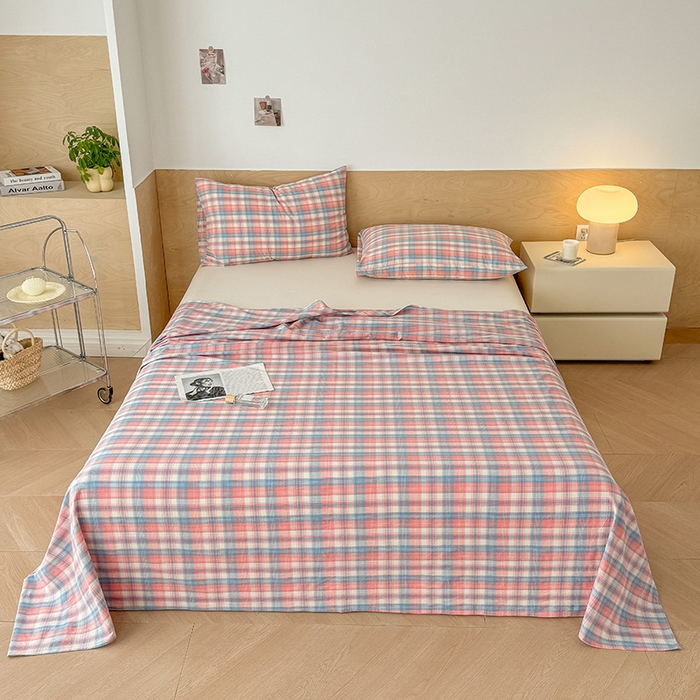 91家纺网 家纺一手货源 找家纺 晓时候 2025新款100%全棉色织水洗棉床单全棉床单纯棉床单 云舒粉