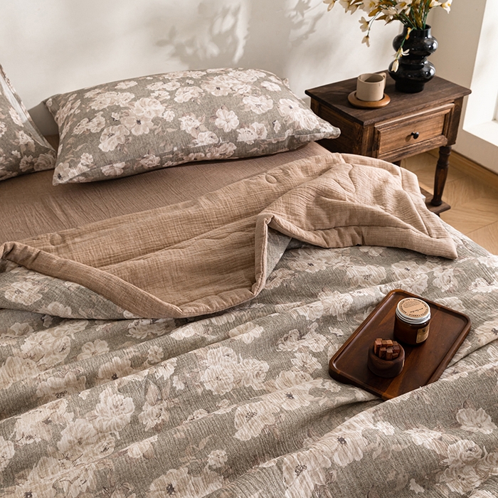 91家纺网 家纺一手货源 找家纺 吾诺 2025新建全棉印花泡泡双层纱大豆夏被子被芯全棉夏被四件套夏凉被空调被 莫奈