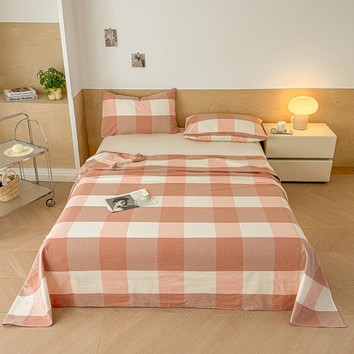 91家纺网 家纺一手货源 找家纺 晓时候 2025新款100%全棉色织水洗棉床单全棉床单纯棉床单 粉大格