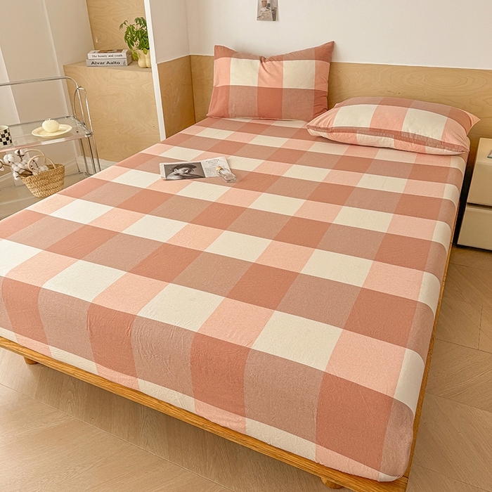 91家纺网 家纺一手货源 找家纺 晓时候 2025新款100%全棉色织水洗棉床笠全棉床笠纯棉床笠 粉大格