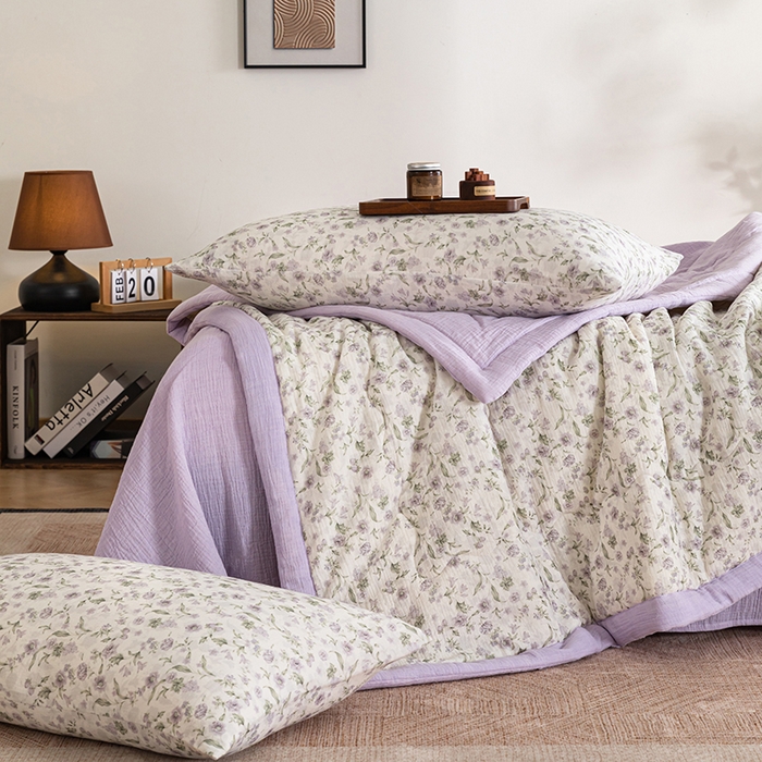 91家纺网 家纺一手货源 找家纺 吾诺 2025新建全棉印花泡泡双层纱大豆夏被子被芯全棉夏被四件套夏凉被空调被 浅紫花语