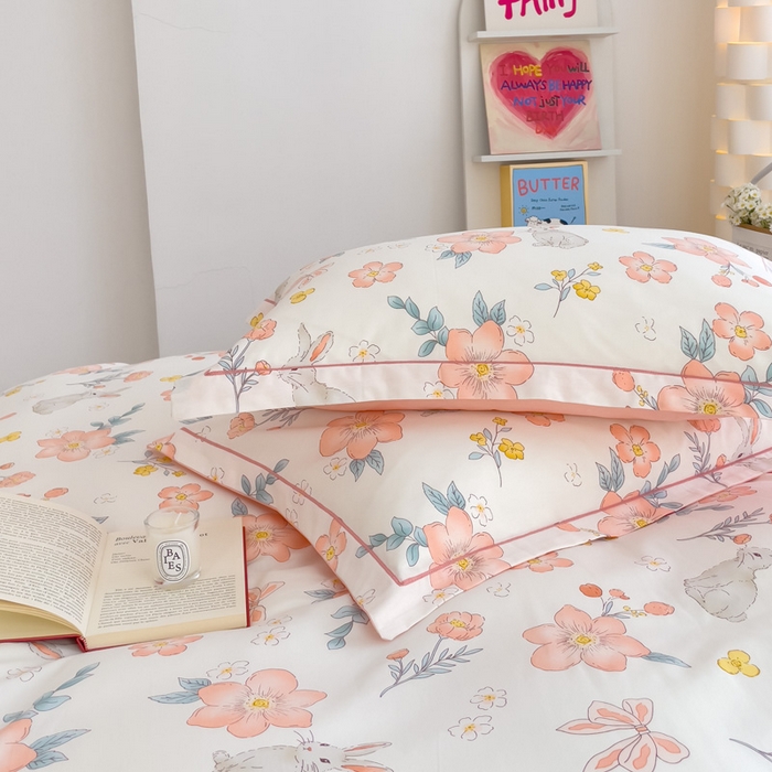 91家纺网 家纺一手货源 找家纺 铭博家纺 新款直播爆款网红全棉四件套13070印花吊边一字绣纯棉被套工艺款 兔语馨香