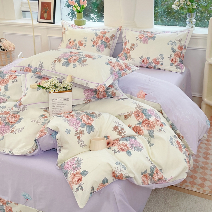 91家纺网 家纺一手货源 找家纺 铭博家纺 新款直播爆款网红全棉四件套13070印花吊边一字绣纯棉被套工艺款 安娜花园