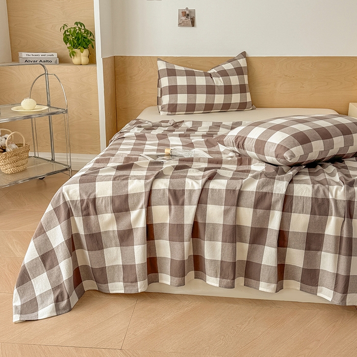 91家纺网 家纺一手货源 找家纺 晓时候 2025新款100%全棉色织水洗棉床单全棉床单纯棉床单 灰中格