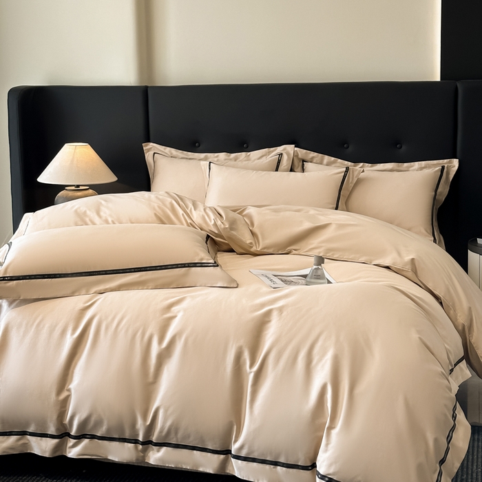 91家纺网 家纺一手货源 找家纺 魅都 2025新款100支长绒棉简约织带轻奢风四件套-罗伊 香槟金