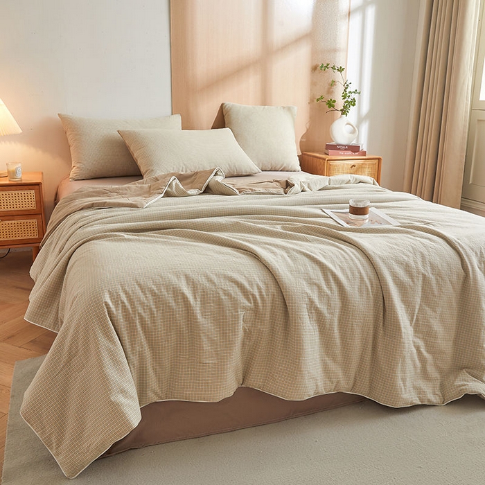 91家纺网 家纺一手货源 找家纺 金喜2025 新款全棉夏被四件套色织水洗棉夏被夏凉被春秋被冬被四件套-羽丝棉被四件套系列 夏末蓝