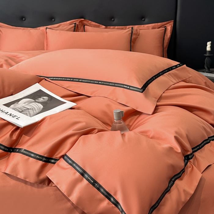 91家纺网 家纺一手货源 找家纺 魅都 2025新款100支长绒棉简约织带轻奢风四件套-罗伊 爱马橙