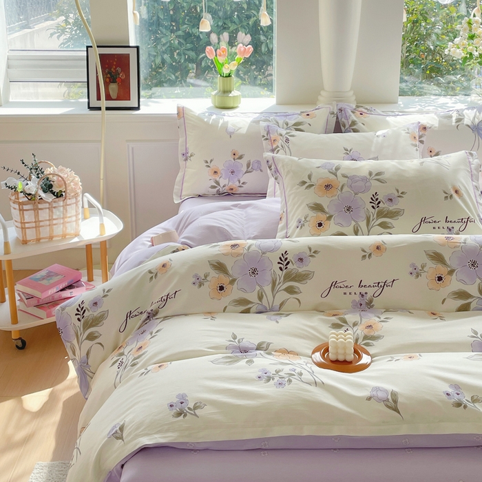 91家纺网 家纺一手货源 找家纺 铭博家纺 新款直播爆款网红全棉四件套13070印花吊边一字绣纯棉被套工艺款 夕颜