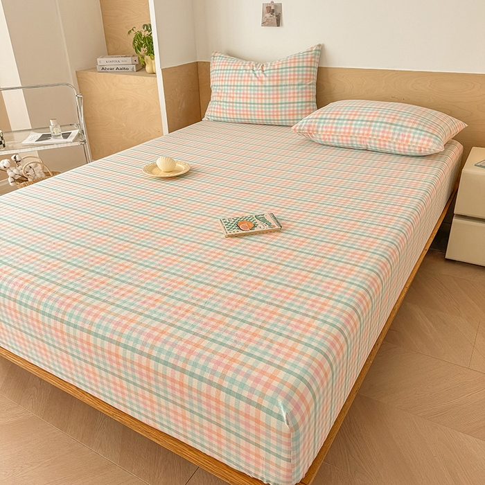 91家纺网 家纺一手货源 找家纺 晓时候 2025新款100%全棉色织水洗棉床笠全棉床笠纯棉床笠 冰淇淋格