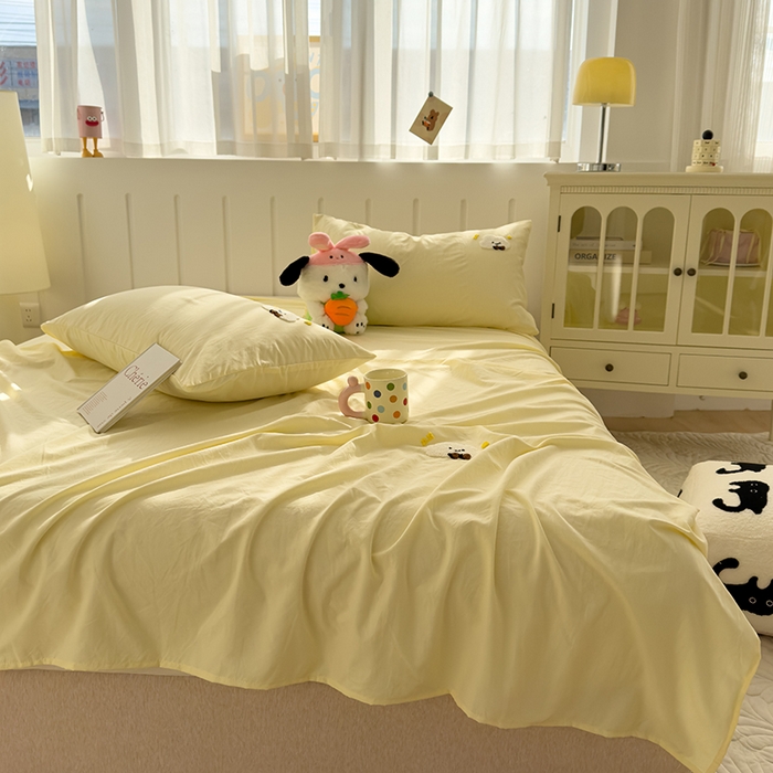 91家纺网 家纺一手货源 找家纺 曼谷家纺 2025新款软糯毛巾绣水洗棉床单床笠枕套纯色床单床笠枕套单品 小白云-芝士