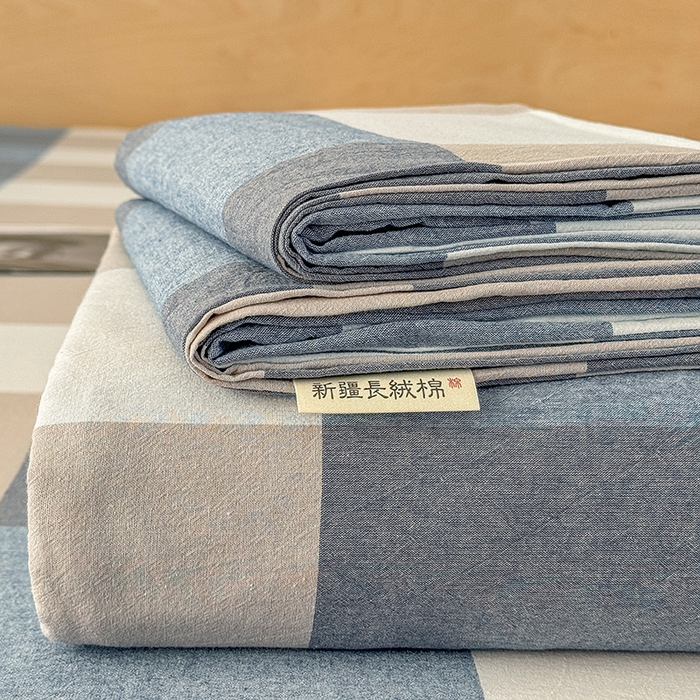 91家纺网 家纺一手货源 找家纺 晓时候 2025新款100%全棉色织水洗棉床单全棉床单纯棉床单 蓝大格