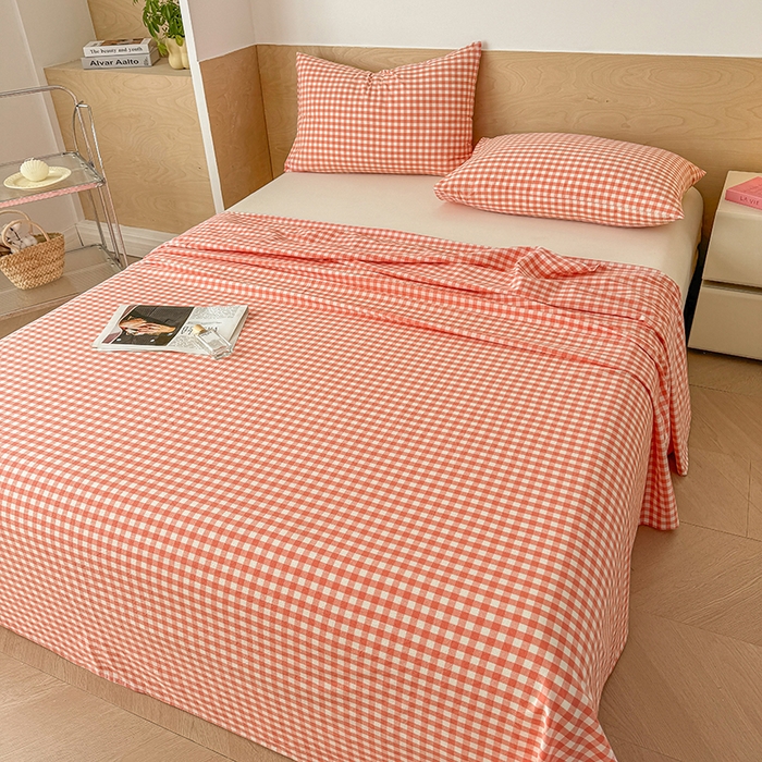 91家纺网 家纺一手货源 找家纺 晓时候 2025新款100%全棉色织水洗棉床单全棉床单纯棉床单 粉小格