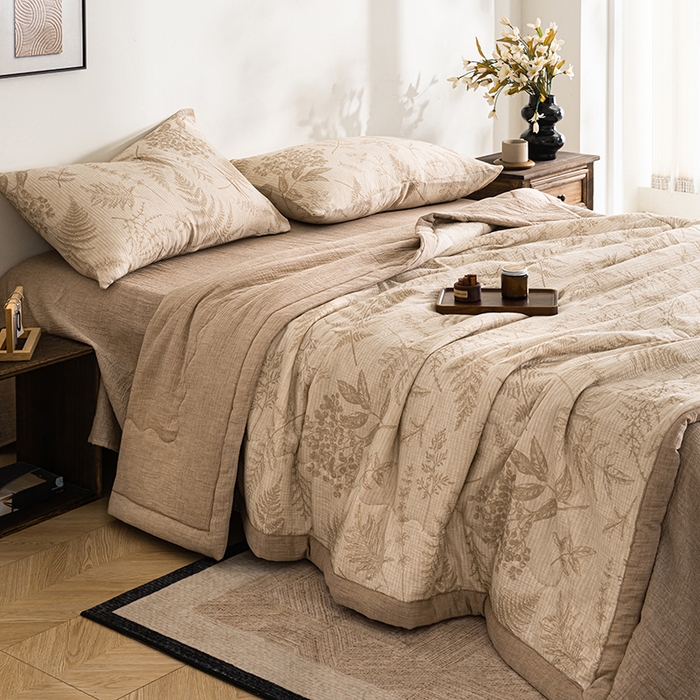 91家纺网 家纺一手货源 找家纺 吾诺 2025新建全棉印花泡泡双层纱大豆夏被子被芯全棉夏被四件套夏凉被空调被 锦素