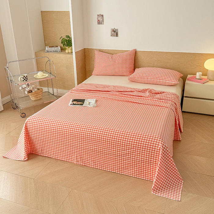 91家纺网 家纺一手货源 找家纺 晓时候 2025新款100%全棉色织水洗棉床单全棉床单纯棉床单 粉小格