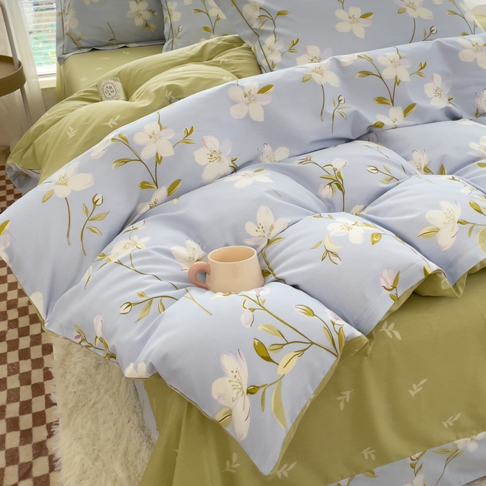 91家纺网 家纺一手货源 找家纺 铭博家纺 新款直播爆款网红全棉四件套13070印花吊边一字绣纯棉被套工艺款 元气晶冻