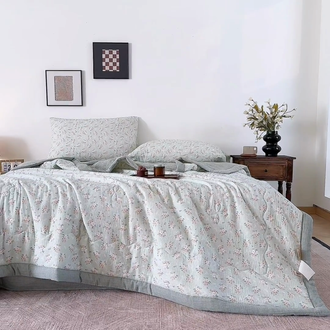 91家纺网 家纺一手货源 找家纺 吾诺 2025新建全棉印花泡泡双层纱大豆夏被子被芯全棉夏被四件套夏凉被空调被 春意