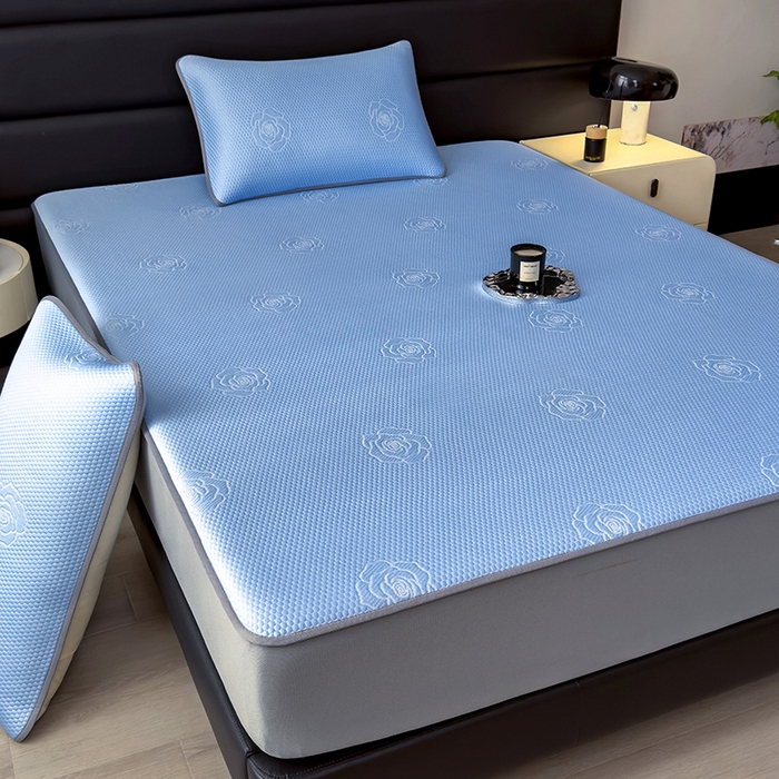 91家纺网 家纺一手货源 找家纺 欧邦 2025新款A类3D提花冰豆豆床笠款凉席 床笠款-清雅蓝