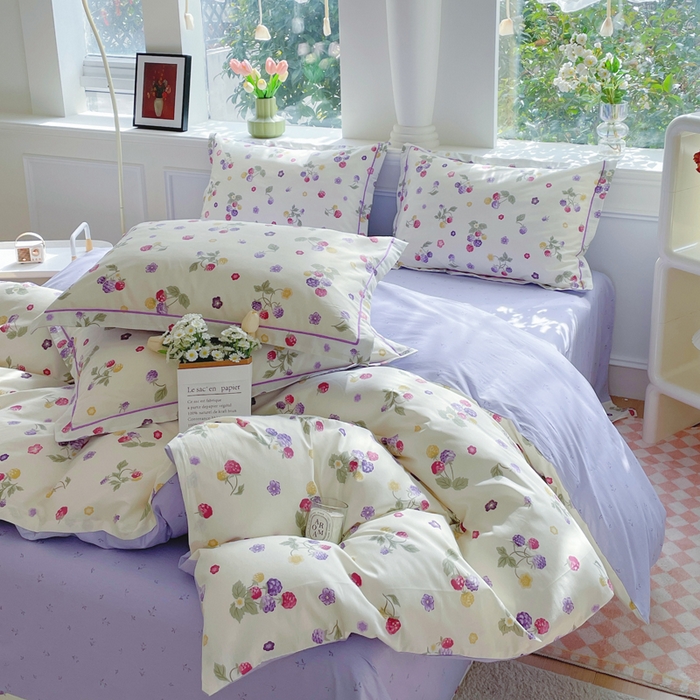 91家纺网 家纺一手货源 找家纺 铭博家纺 新款直播爆款网红全棉四件套13070印花吊边一字绣纯棉被套工艺款 樱桃可可