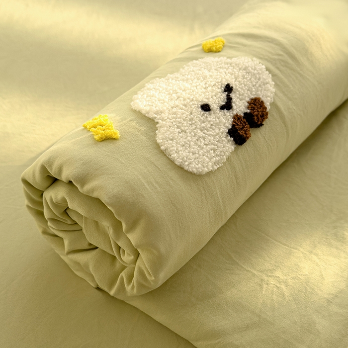 91家纺网 家纺一手货源 找家纺 曼谷家纺 2025新款软糯毛巾绣水洗棉床单床笠枕套纯色床单床笠枕套单品 小白云-豆绿