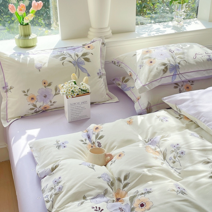 91家纺网 家纺一手货源 找家纺 铭博家纺 新款直播爆款网红全棉四件套13070印花吊边一字绣纯棉被套工艺款 夕颜