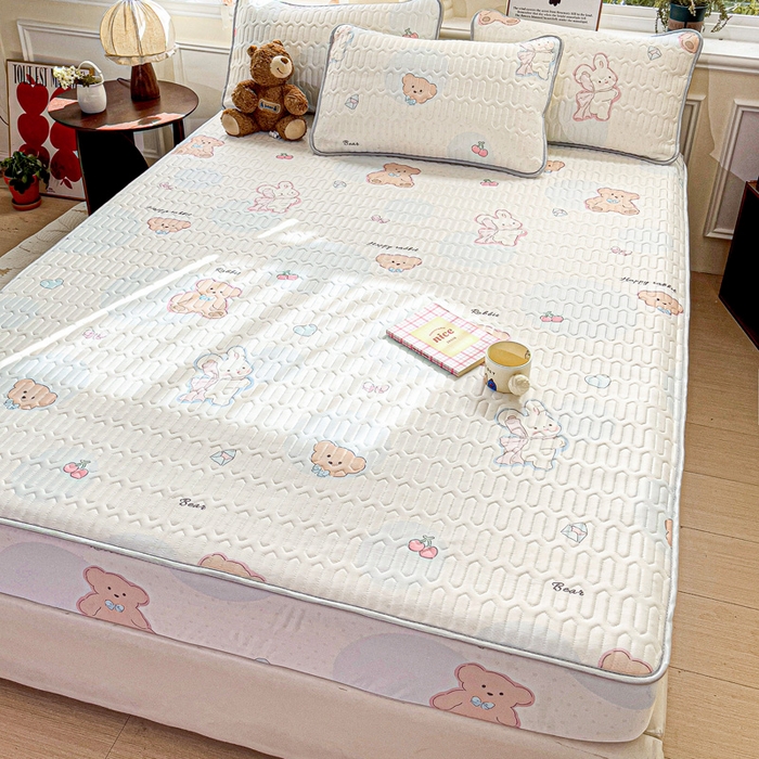 91家纺网 家纺一手货源 找家纺 富馨莱 2025新款A类凉感丝空气纤维凉席床笠款 蝴蝶结小兔