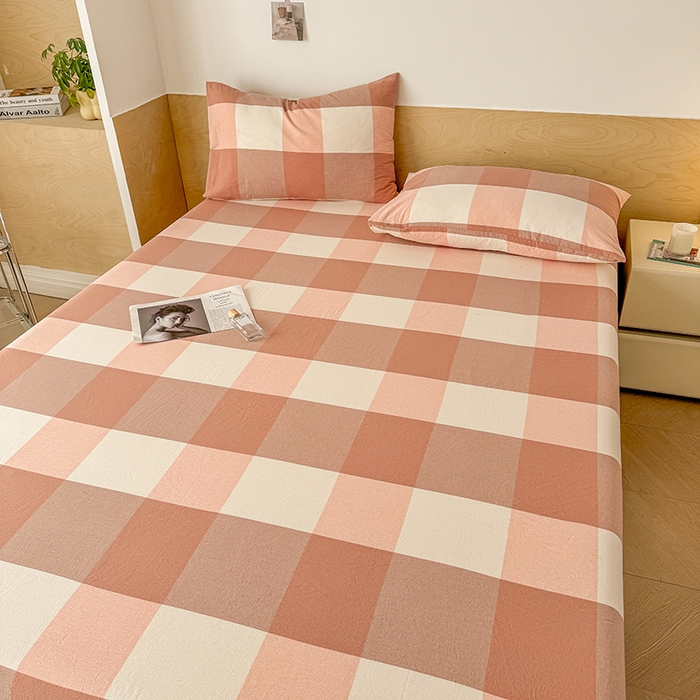 91家纺网 家纺一手货源 找家纺 晓时候 2025新款100%全棉色织水洗棉床笠全棉床笠纯棉床笠 粉大格