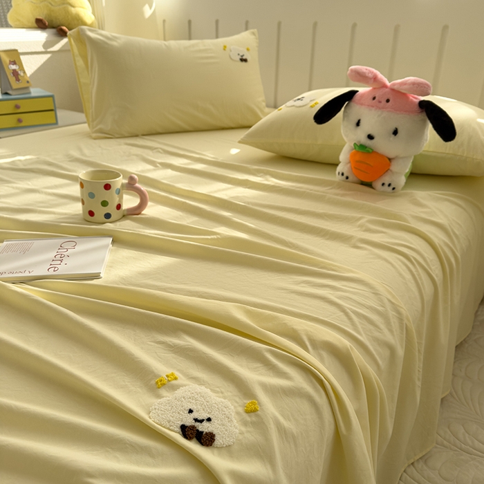 91家纺网 家纺一手货源 找家纺 曼谷家纺 2025新款软糯毛巾绣水洗棉床单床笠枕套纯色床单床笠枕套单品 小白云-芝士