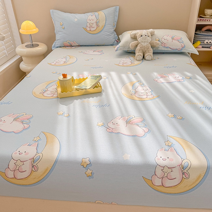 91家纺网 家纺一手货源 找家纺 2025新款12868全棉套件单品系列二单床笠 月亮兔