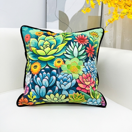 爱家居 2025新款抱枕沙发新中式靠垫轻奢高级感靠枕床头大靠背正方形抱枕套卡通花卉 多肉