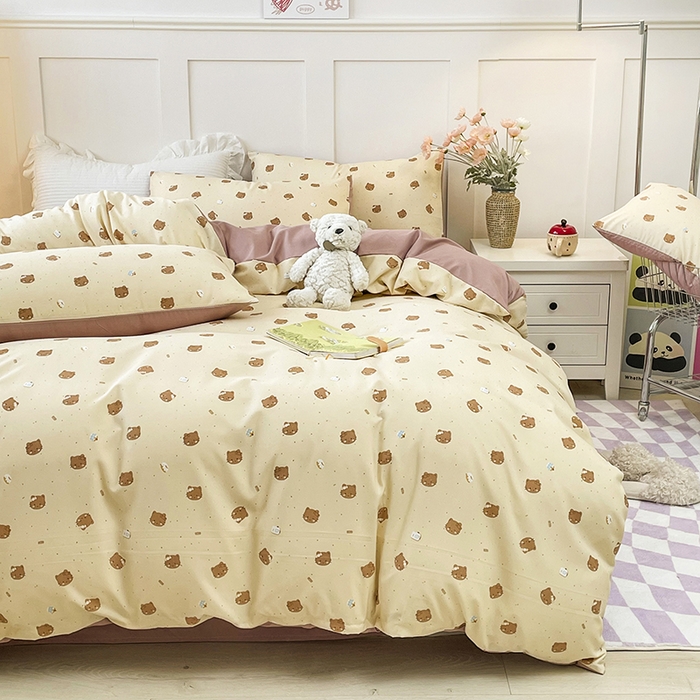 91家纺网 家纺一手货源 找家纺 汣沐生活 2025新款针织棉印花款四件套 曲奇小猫