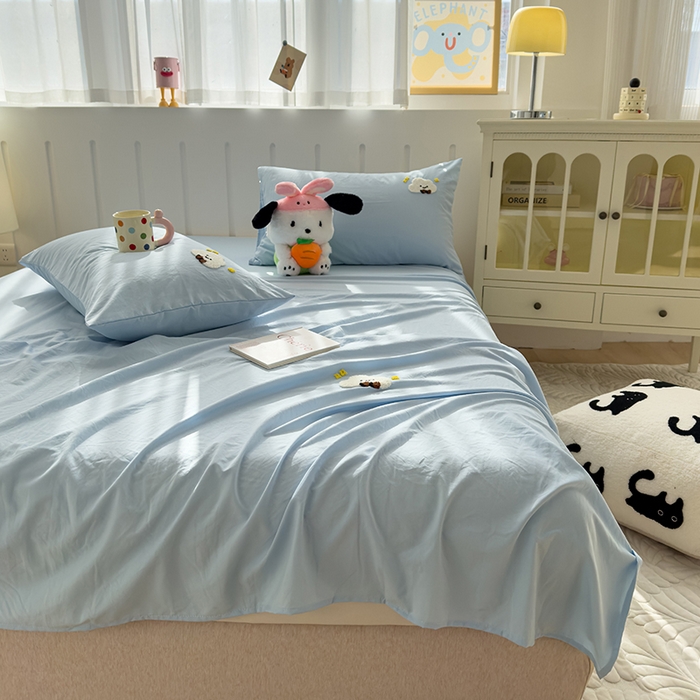 91家纺网 家纺一手货源 找家纺 曼谷家纺 2025新款软糯毛巾绣水洗棉床单床笠枕套纯色床单床笠枕套单品 小白云-天蓝