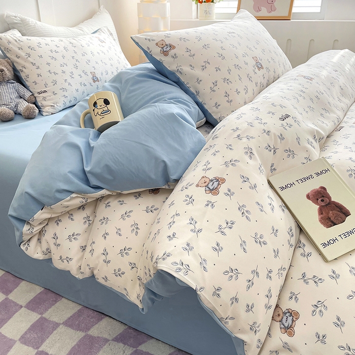 91家纺网 家纺一手货源 找家纺 汣沐生活 2025新款针织棉印花款四件套 小熊山茶