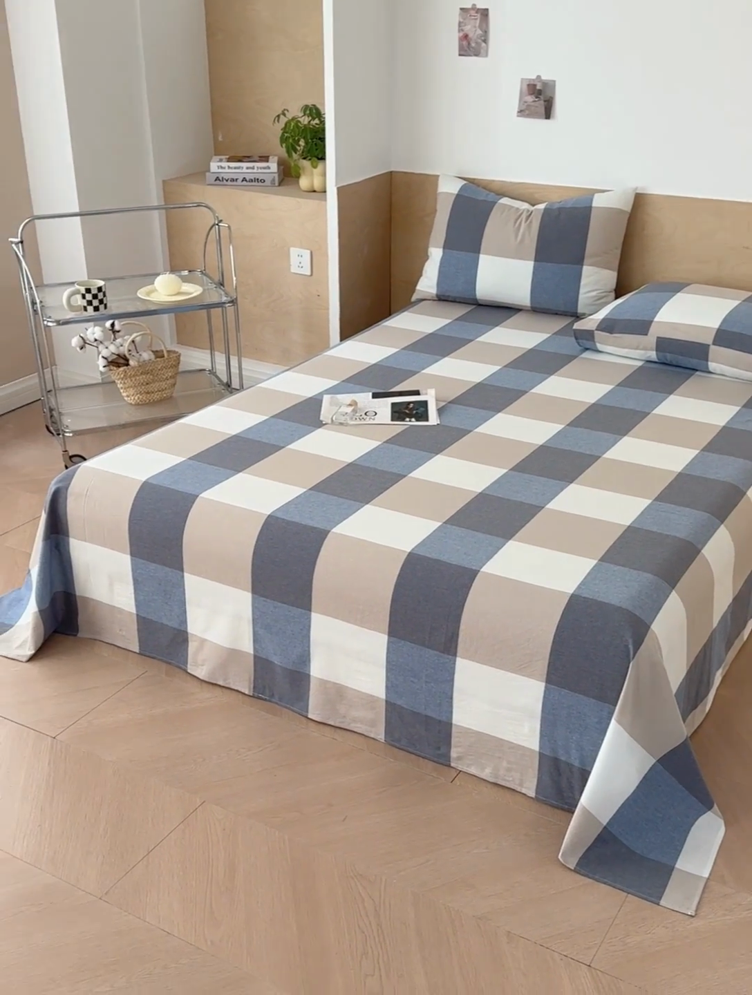 91家纺网 家纺一手货源 找家纺 晓时候 2025新款100%全棉色织水洗棉床单全棉床单纯棉床单 蓝大格