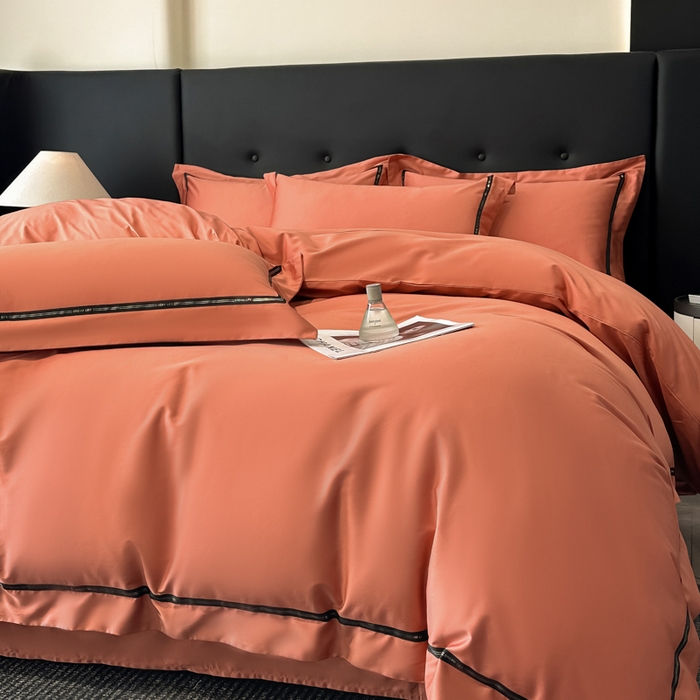 91家纺网 家纺一手货源 找家纺 魅都 2025新款100支长绒棉简约织带轻奢风四件套-罗伊 爱马橙