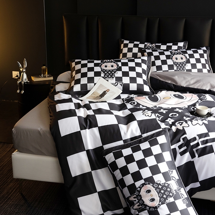 91家纺网 家纺一手货源 找家纺 2025新款水洗真丝数码印花四件套 棋盘兔