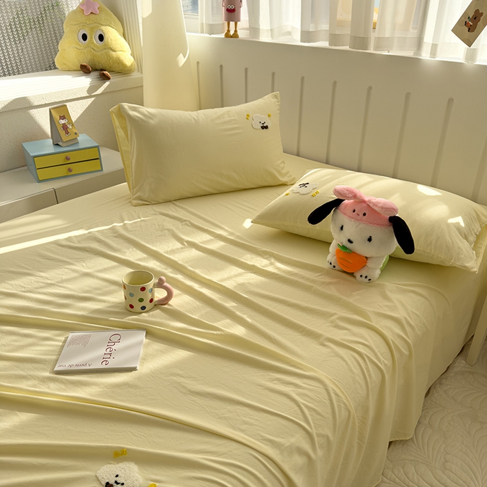 91家纺网 家纺一手货源 找家纺 曼谷家纺 2025新款软糯毛巾绣水洗棉床单床笠枕套纯色床单床笠枕套单品 小白云-芝士